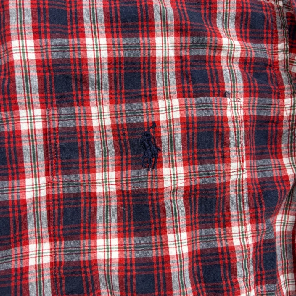 Ralph Lauren Kids Red Navy Blue Plaid Button Down Shirt Size S Cotton Pony Logo